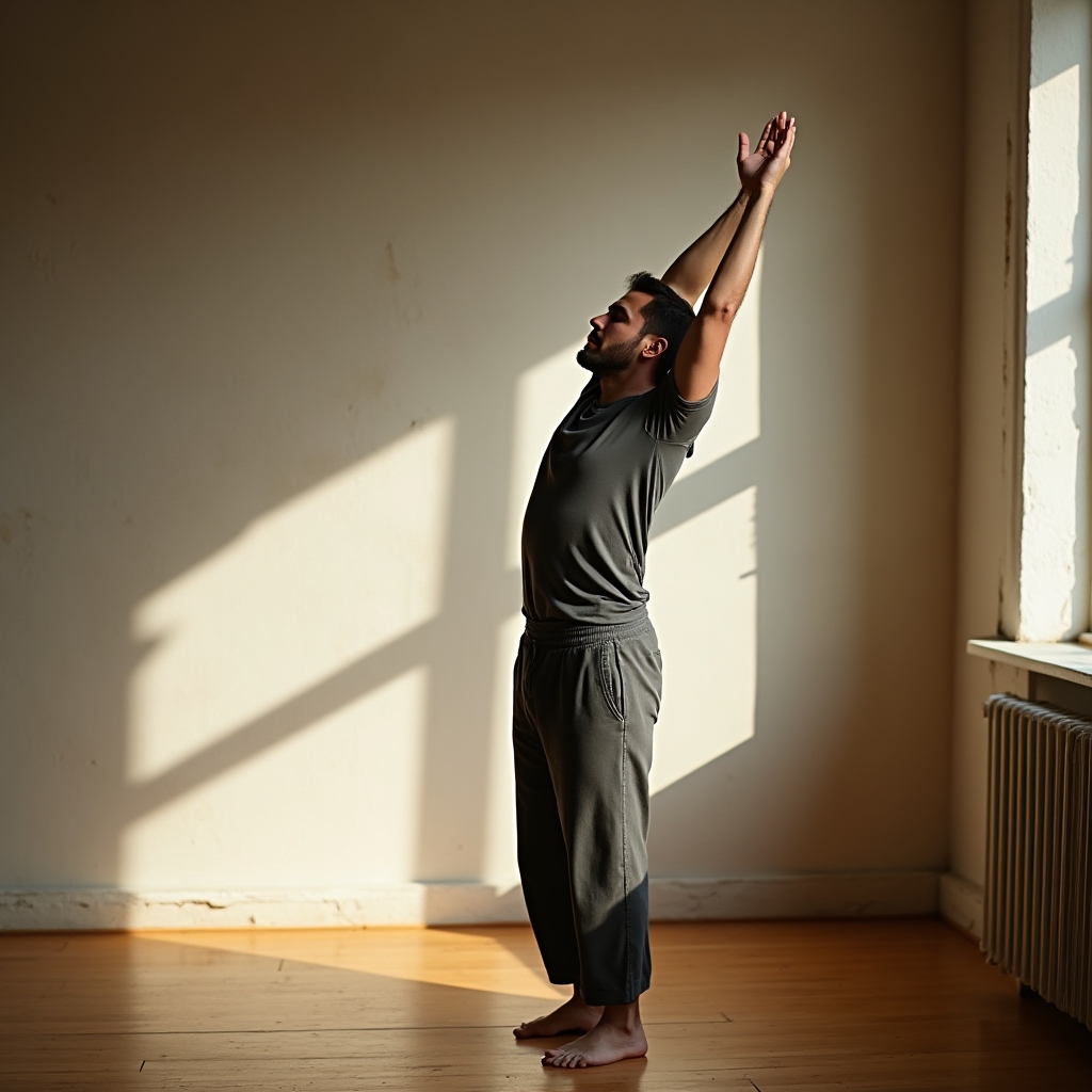 Adult explorând singur o mișcare simplă de întindere într-un studio luminat natural