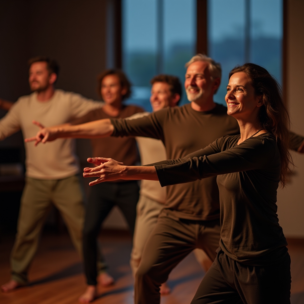 Grup de adulți în timpul unui exercițiu de mișcare pe timp de seară