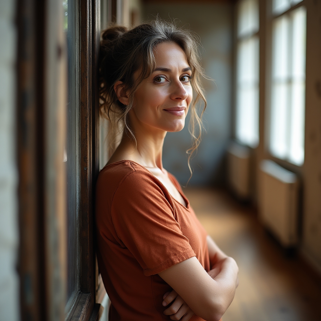 Instructoare de dans contemporan într-un studio cu lumină laterală caldă
