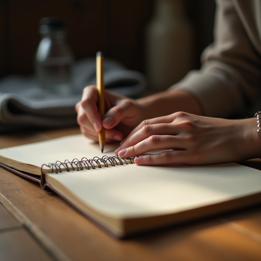 Mâini scriind într-un carnet după o ședință de mișcare, ca formă de reflecție