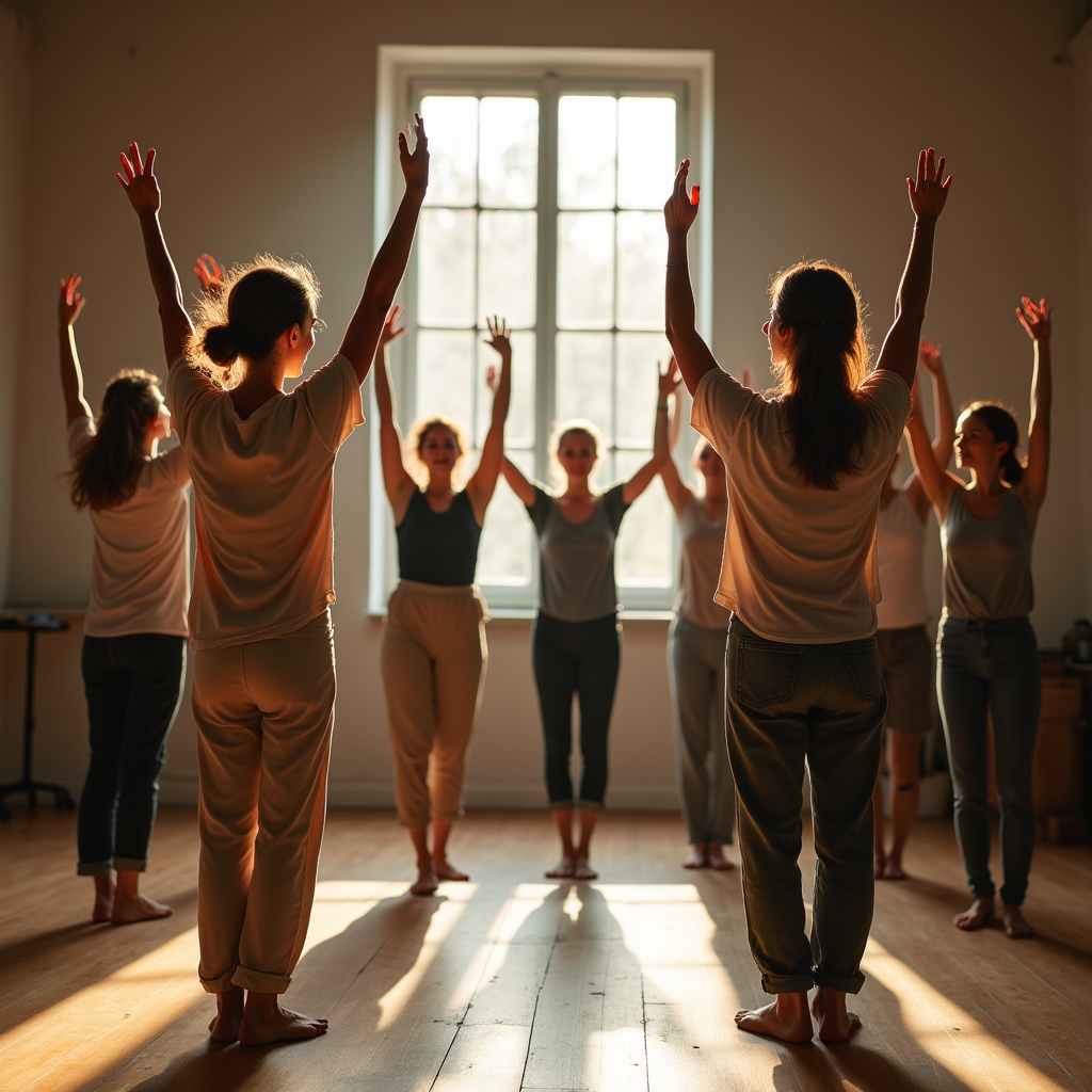Adulți începători într-un studio de dans, în timpul unui exercițiu de încălzire în cerc