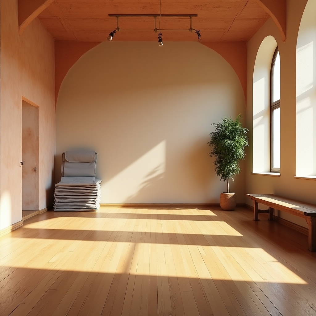 Studio de dans cu lumină naturală, podea de lemn și pereți calzi