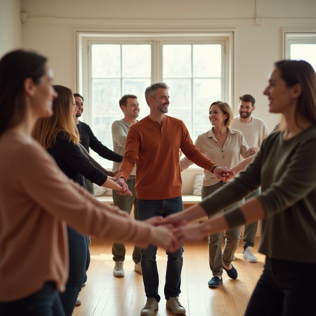 Grup de colegi participând la un exercițiu de mișcare de tip team building